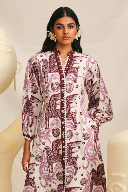 Jodi Pink Handloom Cotton Embroidery Mandarin Cheriyal Floral Handblock Print Dress Online at Aza Fashions Jodi_Pink Handloom Cotton Embroidery Mandarin Cheriyal Floral Handblock Print Dress _Online_at_Aza_Fashions