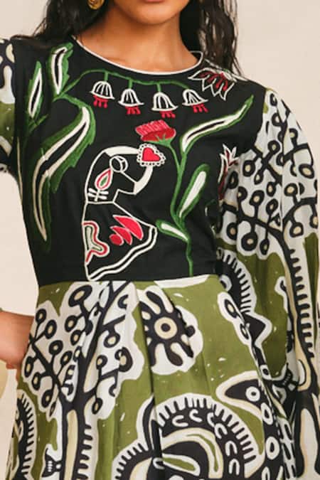 Jodi Black Modal Embroidery Round Neck Sohrai India Folk Print Dress Online at Aza Fashions Jodi_Black Modal Embroidery Round Neck Sohrai India Folk Print Dress _Online_at_Aza_Fashions