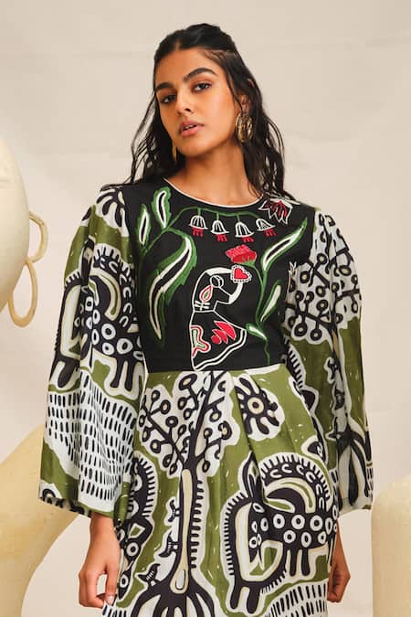 Buy Jodi Black Modal Embroidery Round Neck Sohrai India Folk Print Dress Online at Aza Fashions Buy_Jodi_Black Modal Embroidery Round Neck Sohrai India Folk Print Dress _Online_at_Aza_Fashions