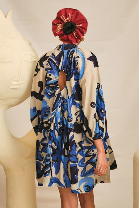 Shop Jodi Blue Modal Collared Tulika One Shoulder Printed Dress at Aza Fashions Shop_Jodi_Blue Modal Collared Tulika One Shoulder Printed Dress _at_Aza_Fashions