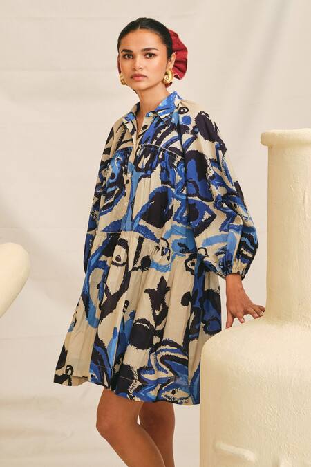 Shop Jodi Blue Modal Collared Tulika One Shoulder Printed Dress Online at Aza Fashions Shop_Jodi_Blue Modal Collared Tulika One Shoulder Printed Dress _Online_at_Aza_Fashions