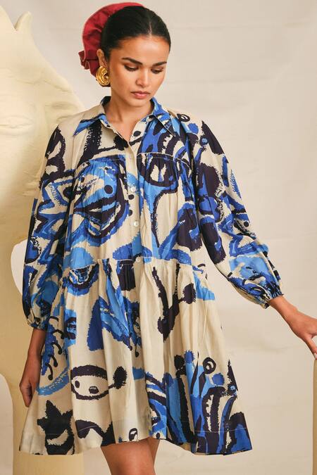 Jodi Blue Modal Collared Tulika One Shoulder Printed Dress at Aza Fashions Jodi_Blue Modal Collared Tulika One Shoulder Printed Dress _at_Aza_Fashions