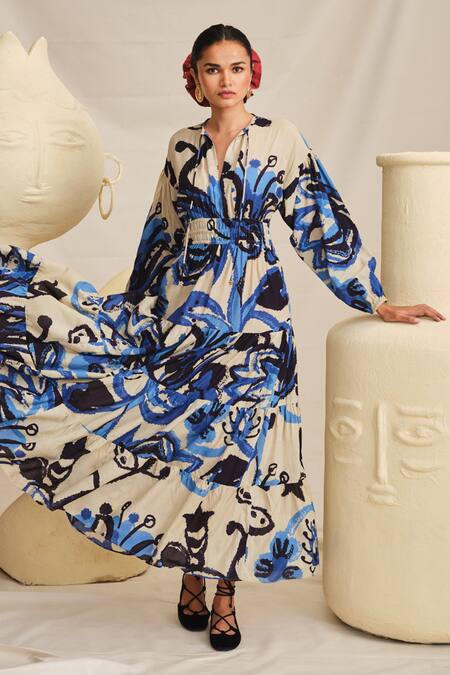 Jodi Blue Modal V-neck Tulika Peasant Handblock Printed Dress Online at Aza Fashions Jodi_Blue Modal V-neck Tulika Peasant Handblock Printed Dress _Online_at_Aza_Fashions