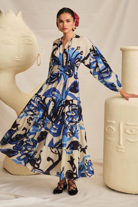 Buy Jodi Blue Modal V-neck Tulika Peasant Handblock Printed Dress Online at Aza Fashions Buy_Jodi_Blue Modal V-neck Tulika Peasant Handblock Printed Dress _Online_at_Aza_Fashions