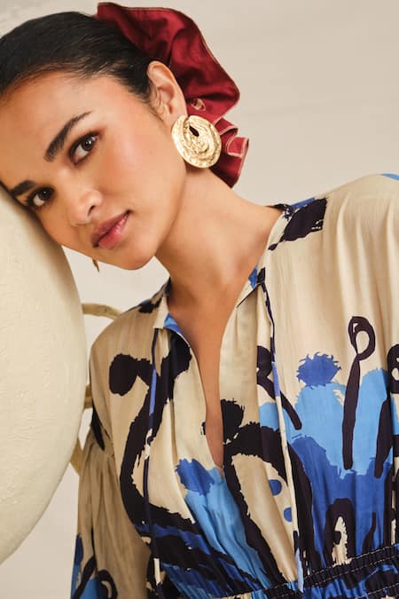 Shop Jodi Blue Modal V-neck Tulika Peasant Handblock Printed Dress Online at Aza Fashions Shop_Jodi_Blue Modal V-neck Tulika Peasant Handblock Printed Dress _Online_at_Aza_Fashions