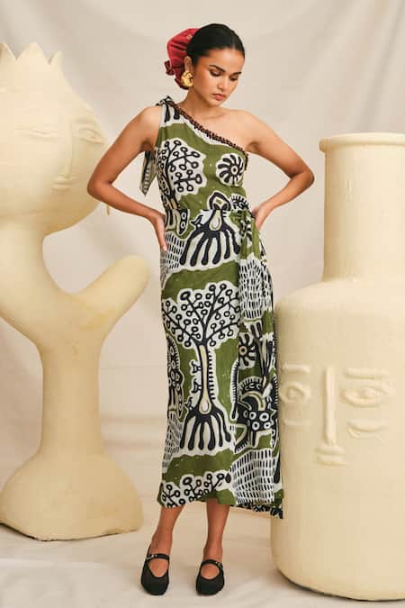Shop Jodi Green Modal One Shoulder Sohrai Print Dress at Aza Fashions Shop_Jodi_Green Modal One Shoulder Sohrai Print Dress _at_Aza_Fashions