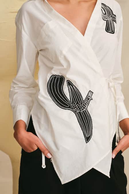 Buy Jodi Black Poplin Applique Collared Hasan Bird Embroidered Wrap Shirt Online at Aza Fashions Buy_Jodi_Black Poplin Applique Collared Hasan Bird Embroidered Wrap Shirt _Online_at_Aza_Fashions