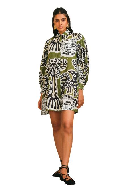 Jodi_Green Modal Embroidery Collared Sohrai Painting Handblock Print Dress_Online_at_Aza_Fashions