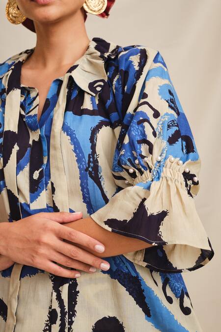 Shop_Jodi_Blue Modal Pearls Tulika Stroke Hand Painted Blouse_Online_at_Aza_Fashions