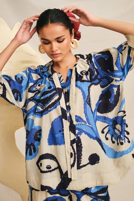 Jodi Blue Modal Pearls, Embroidery Tulika Stroke Hand Painted Blouse And Trouser Set Online at Aza Fashions Jodi_Blue Modal Pearls, Embroidery Tulika Stroke Hand Painted Blouse And Trouser Set _Online_at_Aza_Fashions