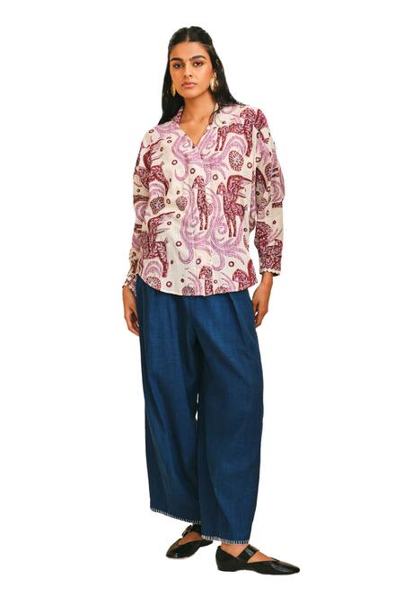 Jodi_Pink Handloom Cotton Embroidery Collared Cheriyal Handblock Print Shirt_Online_at_Aza_Fashions