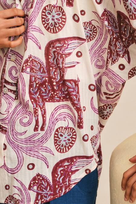 Shop_Jodi_Pink Handloom Cotton Embroidery Collared Cheriyal Handblock Print Shirt_Online_at_Aza_Fashions