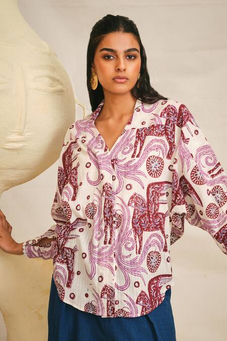 Jodi_Pink Handloom Cotton Embroidery Collared Cheriyal Handblock Print Shirt_at_Aza_Fashions