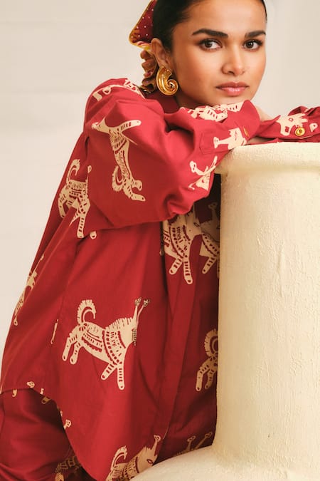 Jodi_Red Poplin Beads Collared Gond Print Shirt_Online_at_Aza_Fashions