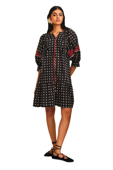 Jodi_Black Cotton Applique V-neck Pipli Checkered Pattern Dress_Online_at_Aza_Fashions