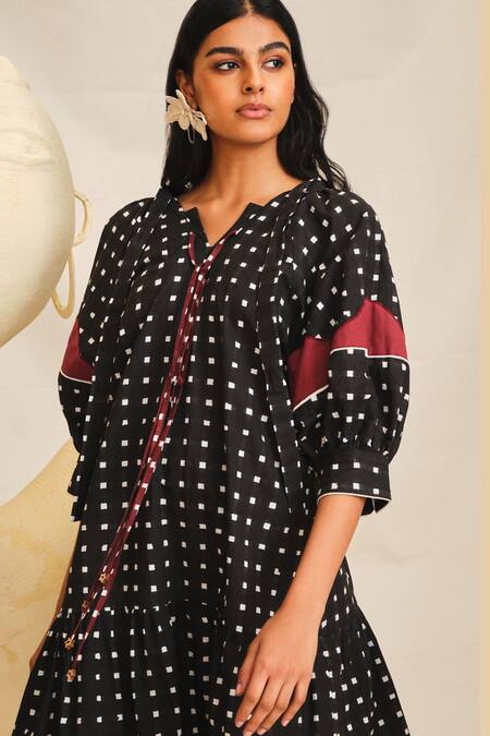 Buy_Jodi_Black Cotton Applique V-neck Pipli Checkered Pattern Dress_Online_at_Aza_Fashions