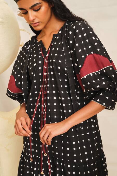 Shop_Jodi_Black Cotton Applique V-neck Pipli Checkered Pattern Dress_Online_at_Aza_Fashions