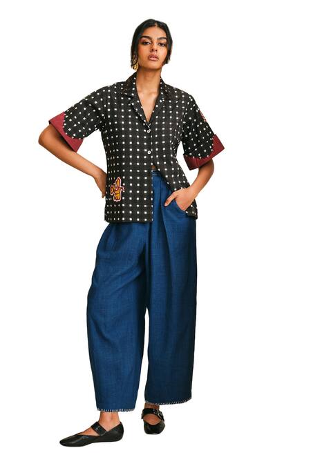 Jodi_Black Muslin Embroidery Collared Pipli Checkered Applique Shirt_Online_at_Aza_Fashions