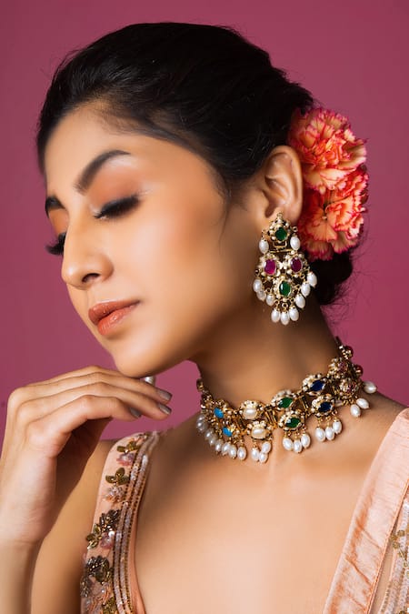 Queens Jewels Multi Color Pearls, Stones Studded Navratna Choker Necklace Set 