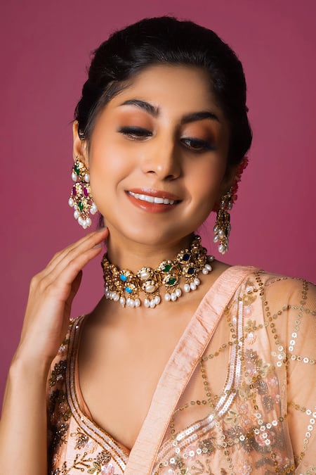 Shop Queens Jewels Multi Color Pearls, Stones Studded Navratna Choker Necklace Set at Aza Fashions Shop_Queens Jewels_Multi Color Pearls, Stones Studded Navratna Choker Necklace Set _at_Aza_Fashions