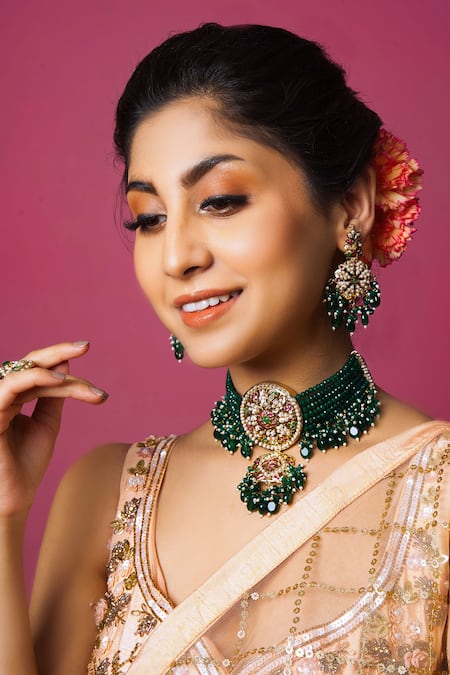 Queens Jewels Multi Color Stones, Beads Studded Tassel Choker Necklace Set 