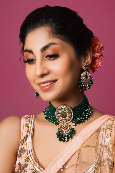 Queens Jewels_Multi Color Stones, Beads Studded Tassel Choker Necklace Set _Online_at_Aza_Fashions