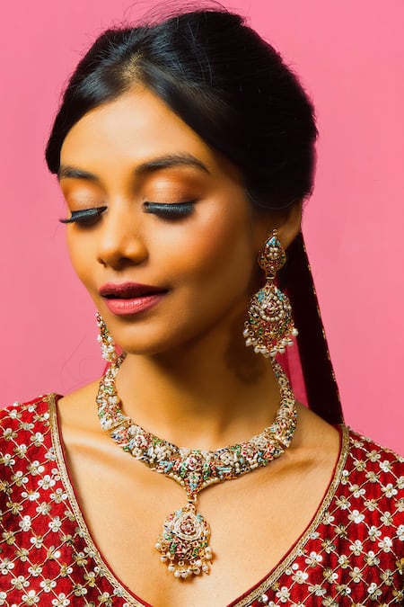 Queens Jewels Multi Color Stones Royale Navratna Embellished Pendant Choker Necklace Set