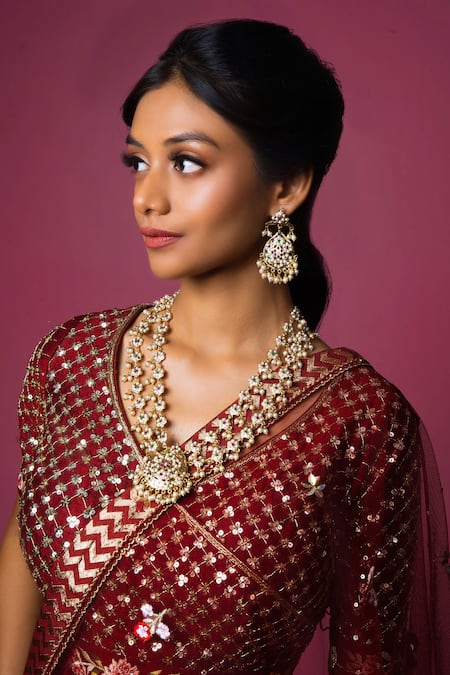 Shop Queens Jewels White Pearls, Diamonds Royal Embellished Long Pendant Necklace Set at Aza Fashions Shop_Queens Jewels_White Pearls, Diamonds Royal Embellished Long Pendant Necklace Set _at_Aza_Fashions