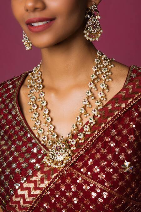 Queens Jewels White Pearls, Diamonds Royal Embellished Long Pendant Necklace Set Online at Aza Fashions Queens Jewels_White Pearls, Diamonds Royal Embellished Long Pendant Necklace Set _Online_at_Aza_Fashions