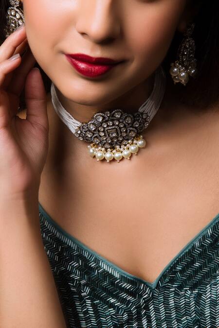 Queens Jewels_White Pearls, Stones Victorian Embellished Choker Necklace Set _Online_at_Aza_Fashions