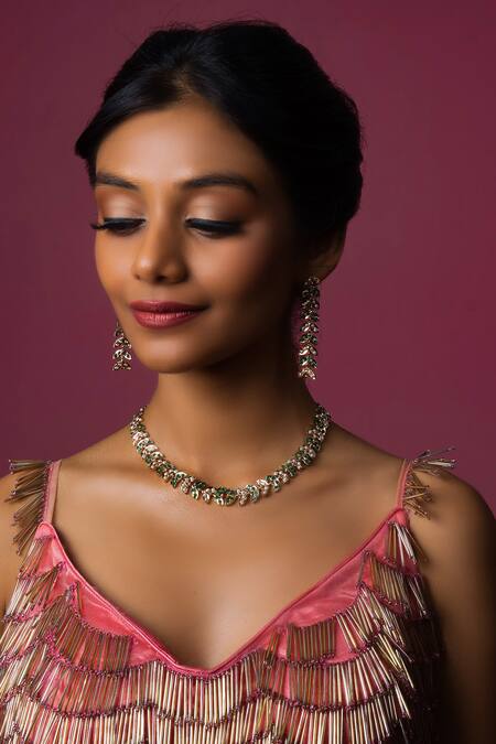 Queens Jewels Green Zari Jadau Embellished Necklace Set 