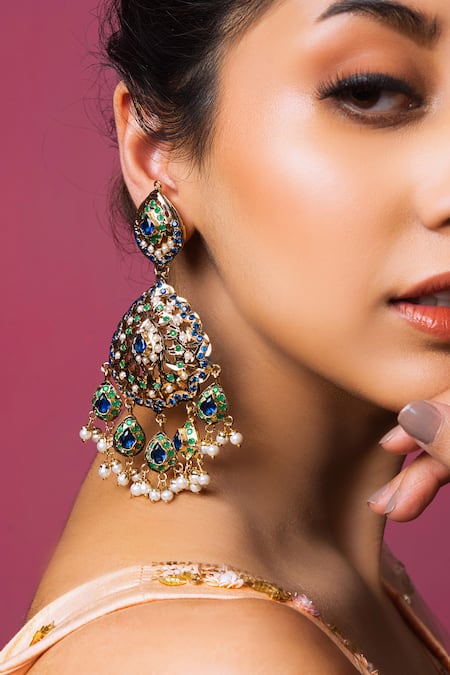 Shop_Queens Jewels_Blue Diamonds, Pearls Peacock Plume Chaandbali _at_Aza_Fashions