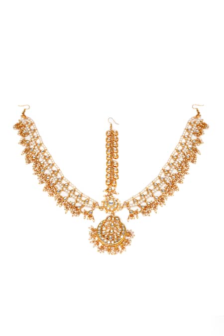 Buy Ruby Raang Gold Plated Kundan And Pearl Embellished Mathapatti Online at Aza Fashions Buy_Ruby Raang_Gold Plated Kundan And Pearl Embellished Mathapatti _Online_at_Aza_Fashions