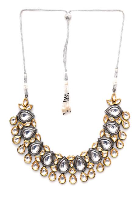 Buy_Ruby Raang_Silver Plated Dual Toned Kundan Embellished Necklace _Online_at_Aza_Fashions