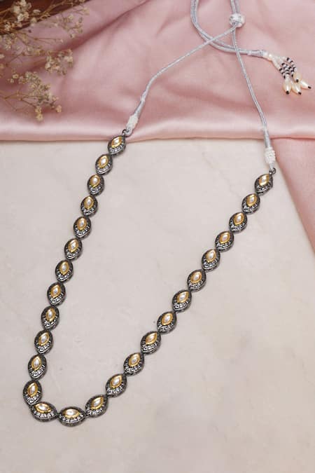 Shop Ruby Raang Silver Plated Kundan Embellished Carved Necklace at Aza Fashions Shop_Ruby Raang_Silver Plated Kundan Embellished Carved Necklace _at_Aza_Fashions