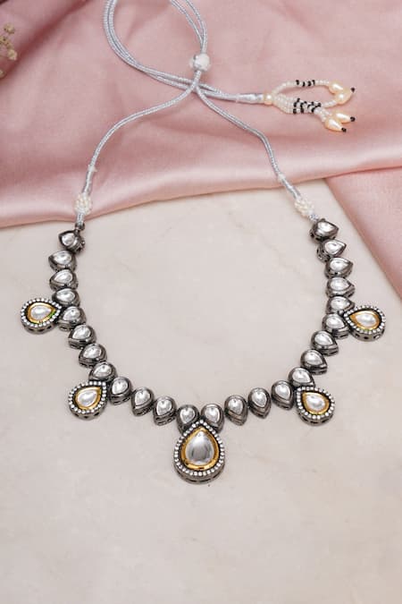 Shop Ruby Raang Silver Plated Teardrop Kundan Embellished Necklace at Aza Fashions Shop_Ruby Raang_Silver Plated Teardrop Kundan Embellished Necklace _at_Aza_Fashions
