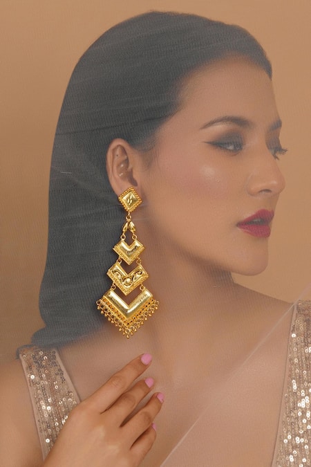 Ruby Raang Geometric Carved Chandelier Earrings 