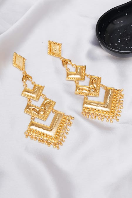 Shop Ruby Raang Gold Plated Beads Geometric Carved Chandelier Earrings at Aza Fashions Shop_Ruby Raang_Gold Plated Beads Geometric Carved Chandelier Earrings _at_Aza_Fashions