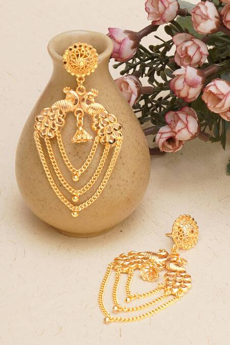 Shop Ruby Raang Gold Plated Peacock Motif Carved Layered Earrings at Aza Fashions Shop_Ruby Raang_Gold Plated Peacock Motif Carved Layered Earrings_at_Aza_Fashions