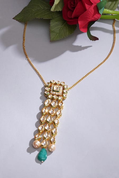 Ruby Raang Kundan & Bead Drop Embellished Long Pendant Necklace 