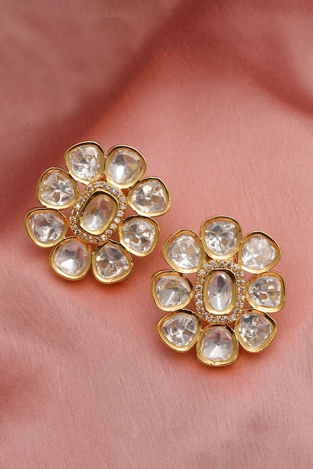 Shop_Ruby Raang_Gold Plated Stones Floral Round Kundan Embellished Studs _at_Aza_Fashions