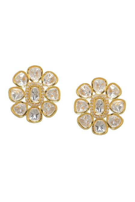 Ruby Raang_Gold Plated Stones Floral Round Kundan Embellished Studs _Online_at_Aza_Fashions