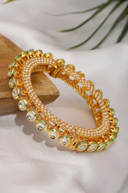 Shop Ruby Raang Gold Plated Pearls, Gota Patti Kundan Studded Bangle at Aza Fashions Shop_Ruby Raang_Gold Plated Pearls, Gota Patti Kundan Studded Bangle _at_Aza_Fashions