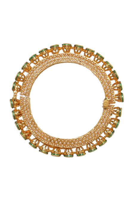 Ruby Raang_Gold Plated Pearls, Gota Patti Kundan Studded Bangle _Online_at_Aza_Fashions