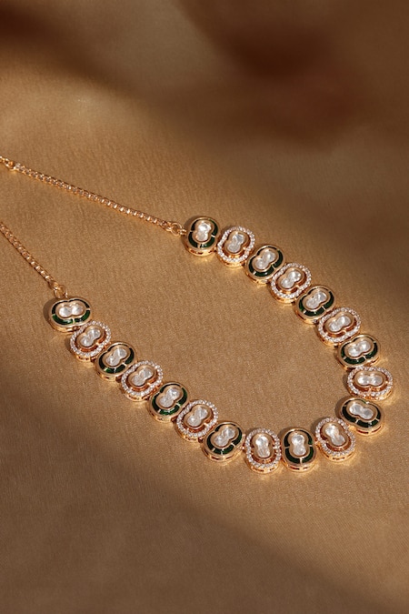 Shop_Ruby Raang_Gold Plated Double Mufli Embellished Necklace _at_Aza_Fashions