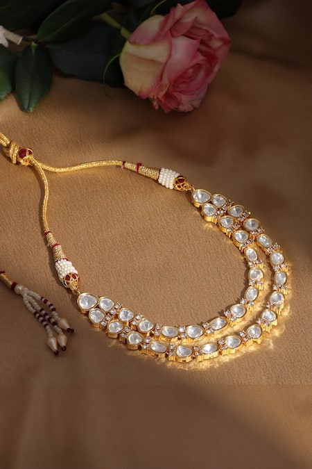 Shop_Ruby Raang_Gold Plated Layered Kundan Embellished Choker _at_Aza_Fashions