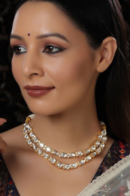 Shop_Ruby Raang_Gold Plated Layered Kundan Embellished Choker _Online_at_Aza_Fashions