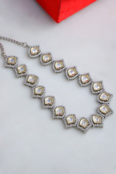 Shop_Ruby Raang_Silver Plated American Diamond Embellished Necklace _at_Aza_Fashions