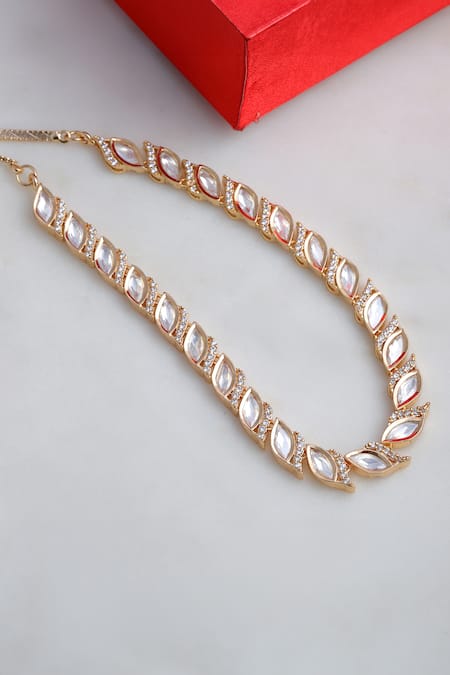 Shop_Ruby Raang_Gold Plated Leaflet Cutwork Embellished Choker _at_Aza_Fashions