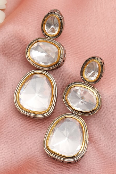 Shop_Ruby Raang_Silver Plated Stones Geometric Kundan Earrings _at_Aza_Fashions